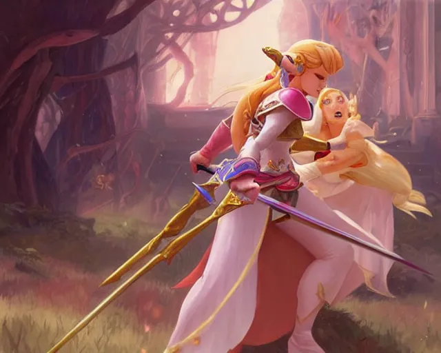 Image similar to princess zelda fighting princess princess peach, action scene, elegant, highly detailed, digital painting, artstation, concept art, matte, sharp focus, illustration, art by artgerm and greg rutkowski and alphonse mucha