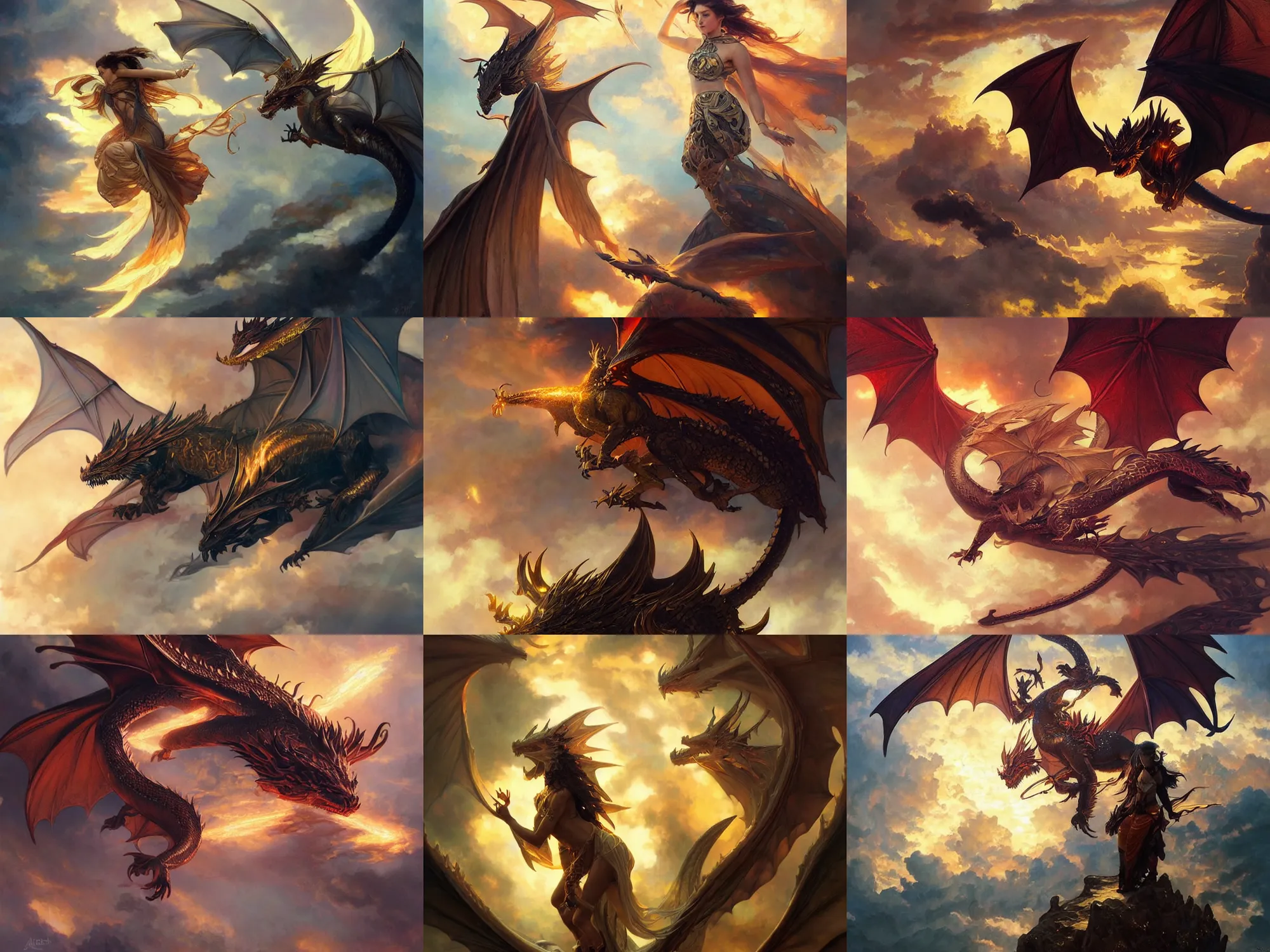 Prompt: dragon flying in the skies, black scales, fire, golden glowy eyes, majestic, high fantasy, good, smooth, sharp focus, pastel painting, by artgerm and greg rutkowski and alphonse mucha