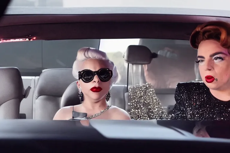 Image similar to lady gaga and judy garland in carpool karaoke, lady gaga, judy garland, red weapon 8 k s 3 5, cooke anamorphic / i lenses, highly detailed, cinematic lighting