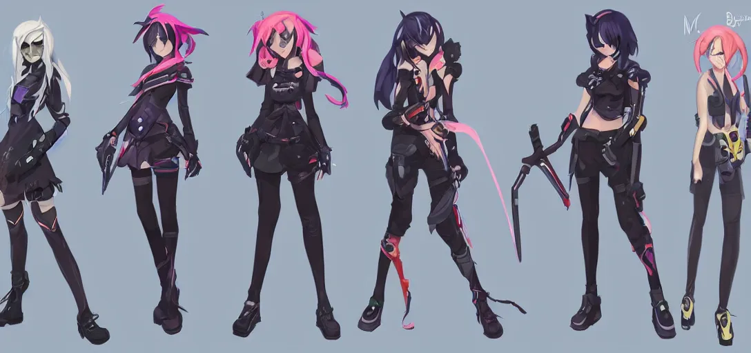 Prompt: concept art of female video game characters head designs, gothic, disgaea, flcl, overwatch, unique silhouettes, cute casual streetwear, by marc brunet and artgerm