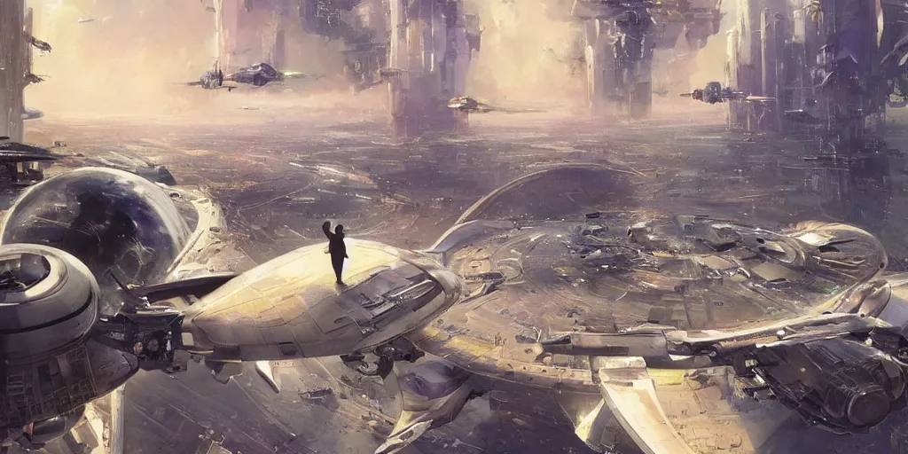 Image similar to gorgeous sci fi imagery | landing spot | space and city flying craft | futuristic | beautiful couple in the foreground heading to their hovering transport | futurism | modern couple | futuristic cityscape in the background | medium angle | by john berkey, greg rutkowski, james gurney