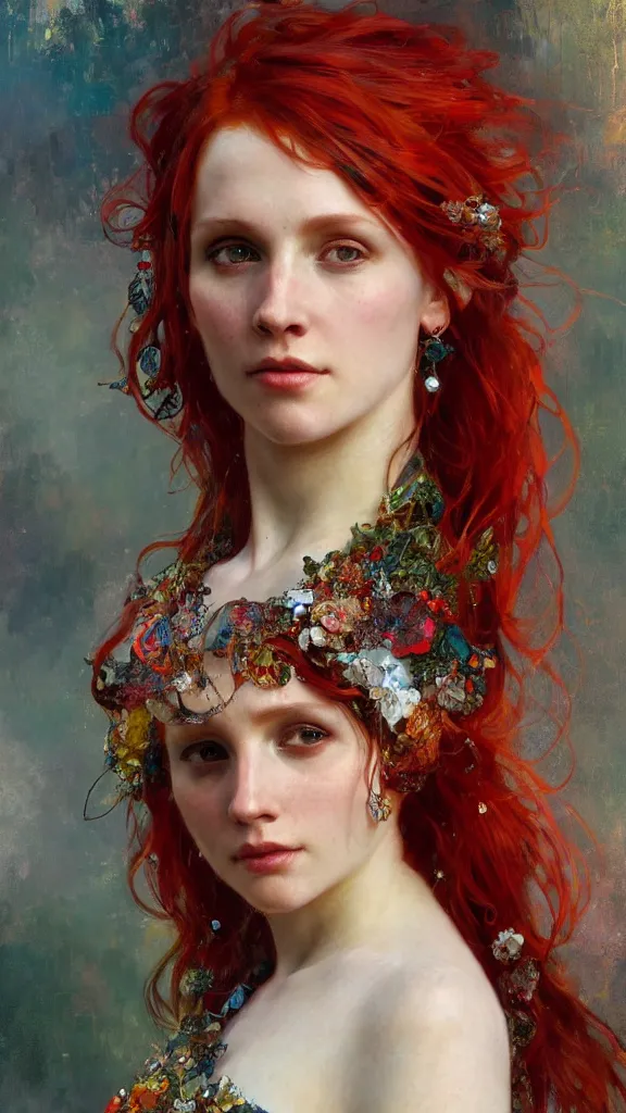 Image similar to a highly detailed beautiful red haired woman, adorned with precious stones, intricate by jeremy mann and alphonse mucha, 8 k resolution, trending on artstation, very very detailed, masterpiece, stunning,