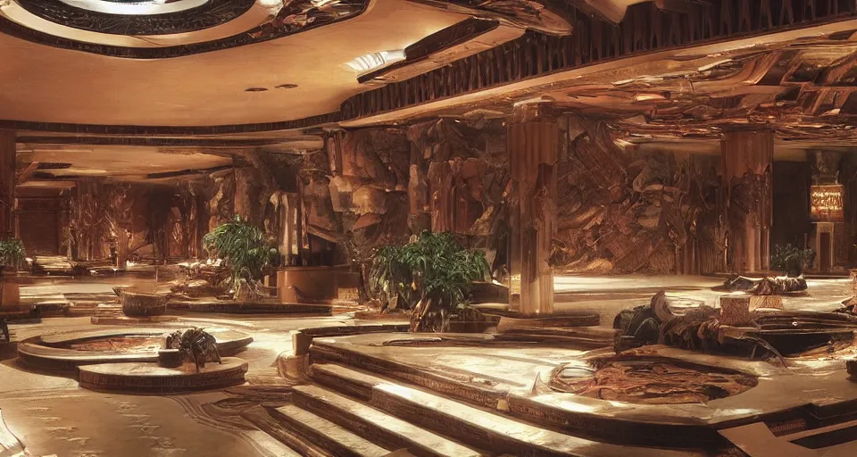 Image similar to An establishing shot from a 2021 Marvel film of the interior of an opulent a fantasy palace designed by Frank Lloyd Wright. Incredibly beautiful.