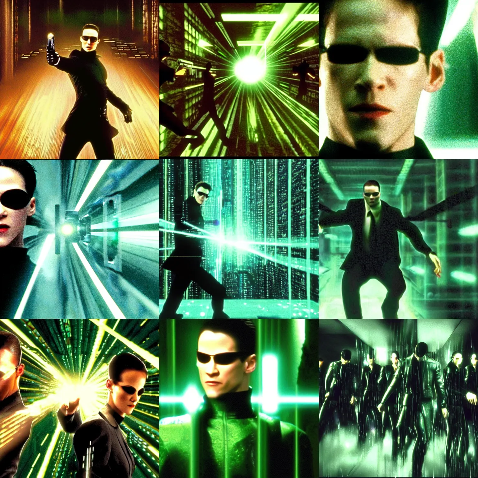 Prompt: screenshot of the matrix - 2 0 0 0, frame, vhs, neo deflecting bullets with a lightsbaber, high quality hd
