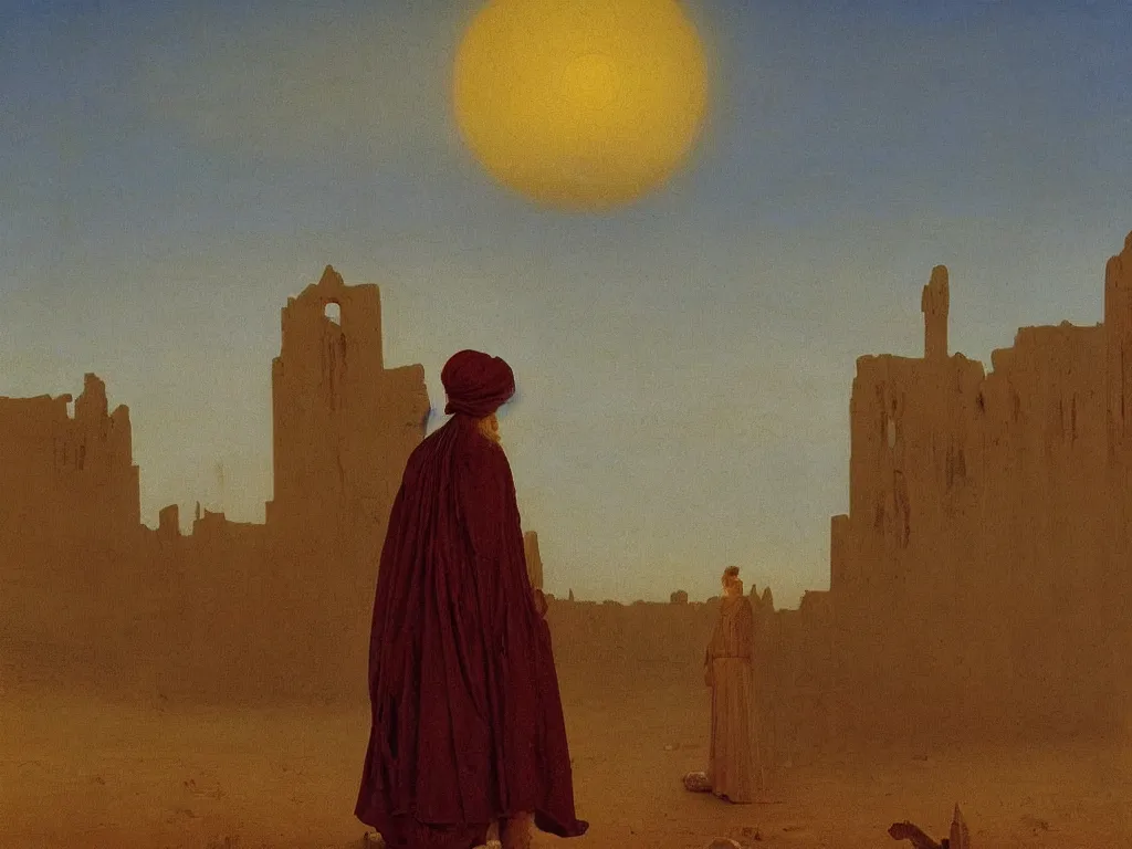 Image similar to Portrait of albino mystic with blue eyes, with ruins of a mosque in the distance in the desert. Sandstorm, sunset. Painting by Jan van Eyck, Caspar David Friedrich, Rene Magritte, Agnes Pelton, Max Ernst, Walton Ford