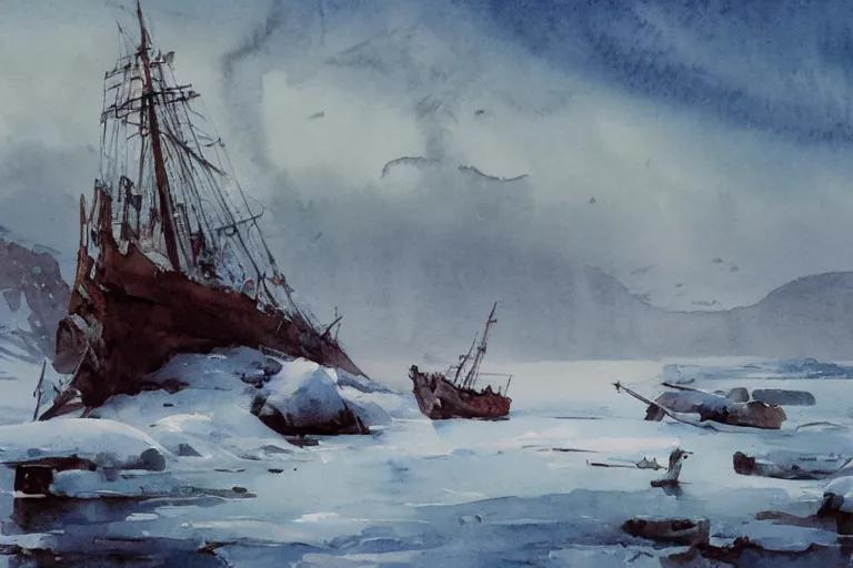 Prompt: small centered on watercolor paper, paint brush strokes, abstract watercolor painting of ancient viking shipwreck in frozen lake in snow, daylight, blue sky, cinematic light, national romanticism by hans dahl, by jesper ejsing, by anders zorn, by greg rutkowski, by greg manchess, by tyler edlin