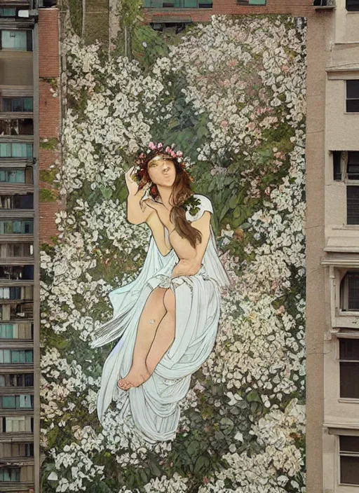 Image similar to a huge outdoor wall mural taking up the entire side of a building. it shows a fairy sitting in a field of white flowers. wearing a flower crown. stunning wall mural painting by by artgerm and greg rutkowski and alphonse mucha