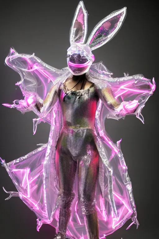 Image similar to full-body rococo and cyberpunk delicate crystalline sculpture of a muscular iridescent Bad Bunny as a humanoid deity wearing a thin see-through plastic hooded cloak sim roupa, posing like a superhero, glowing pink face, crown of white lasers, large diamonds, swirling black silk fabric. futuristic elements. oozing glowing liquid, full-length view. space robots. human skulls. throne made of bones, intricate artwork by caravaggio. Trending on artstation, octane render, cinematic lighting from the right, hyper realism, octane render, 8k, depth of field, 3D