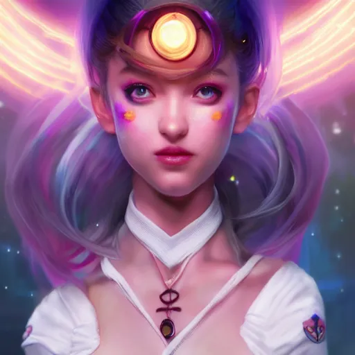 Image similar to A portrait of Sailor Moon, huggy wuggy from poppy playtime video game, fullbody, ultra high detailed, glowing lights, oil painting, Greg Rutkowski, Charlie Bowater, Beeple, unreal 5, DAZ, hyperrealistic, symmetrical, biology, octane render, RPG portrait, dynamic lighting, fantasy art, beautiful face