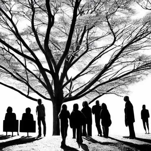 Image similar to a group of people in a park staring up at a gigantic tree, monochromatic, digital art, minimalistic