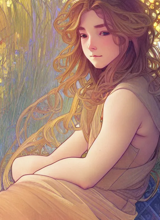 Image similar to pretty young man with shoulder length shiny shimmering golden blond hair, head down, demure, shy, path traced, highly detailed, high quality, digital painting, by studio ghibli and alphonse mucha, leesha hannigan, disney