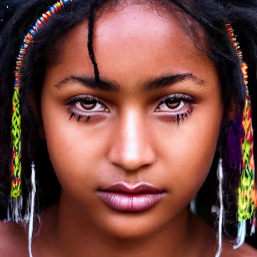 Image similar to closeup photo of a young american tribal woman in the style of rosie matheson