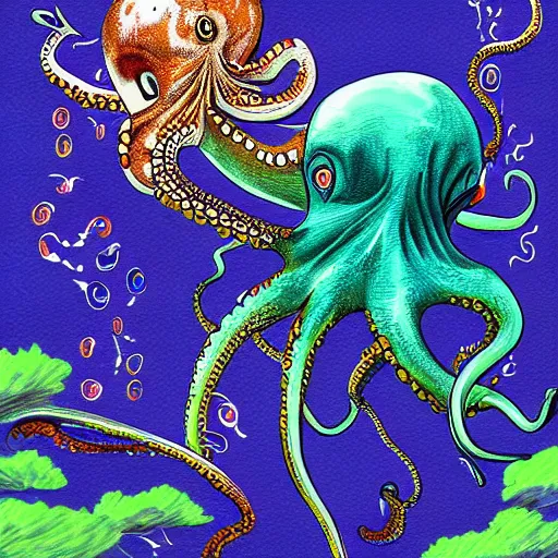 Prompt: Specualtive evolution paleoart with octopus using computer, expressive and beautiful digital art