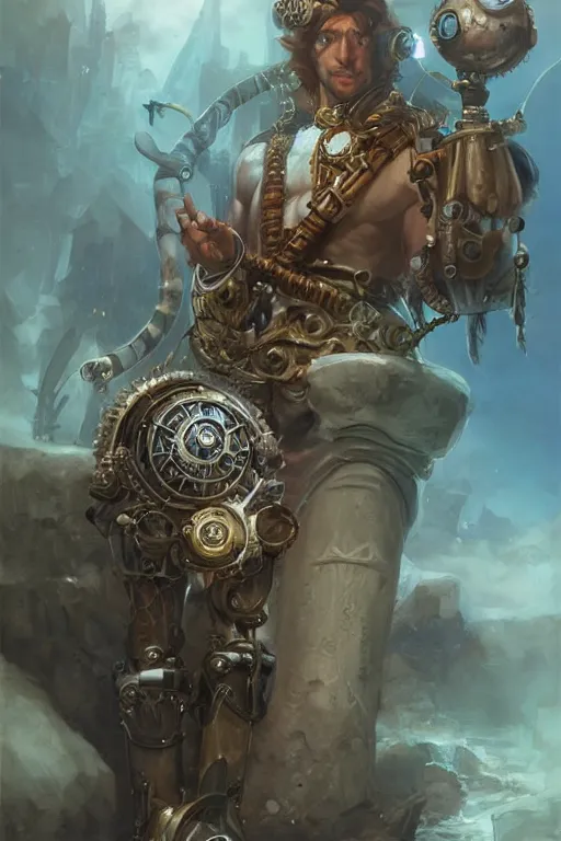 Image similar to male medieval merfolk artificer, steampunk eye, prosthetic leg, highly detailed, d & d, fantasy, portrait, highly detailed, headshot, digital painting, trending on artstation, concept art, sharp focus, illustration, art by artgerm and greg rutkowski