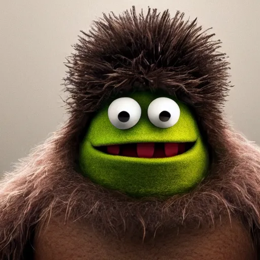 Image similar to a still of a forgotten muppet character looking very manly and modern, hilarious, laughing, hairy chest, huge chin, manly monster tough guy, roughled fur, photo real, photographic, photograph, artstation, trending, featured