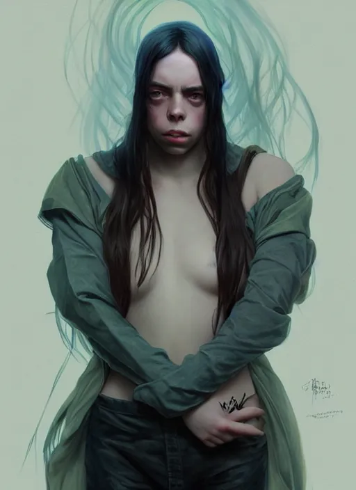 Image similar to Overlord Billie Eilish, body portrait, slight smile, highly detailed, digital painting, artstation, concept art, sharp focus, illustration, art by wlop and greg rutkowski and alphonse mucha and artgerm