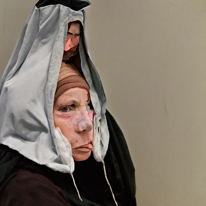 Image similar to a woman wearing a hood made of wire and plastic, in a laundry mat, color photograph, by caravaggio, canon eos c 3 0 0, ƒ 1. 8, 3 5 mm, 8 k, medium - format print