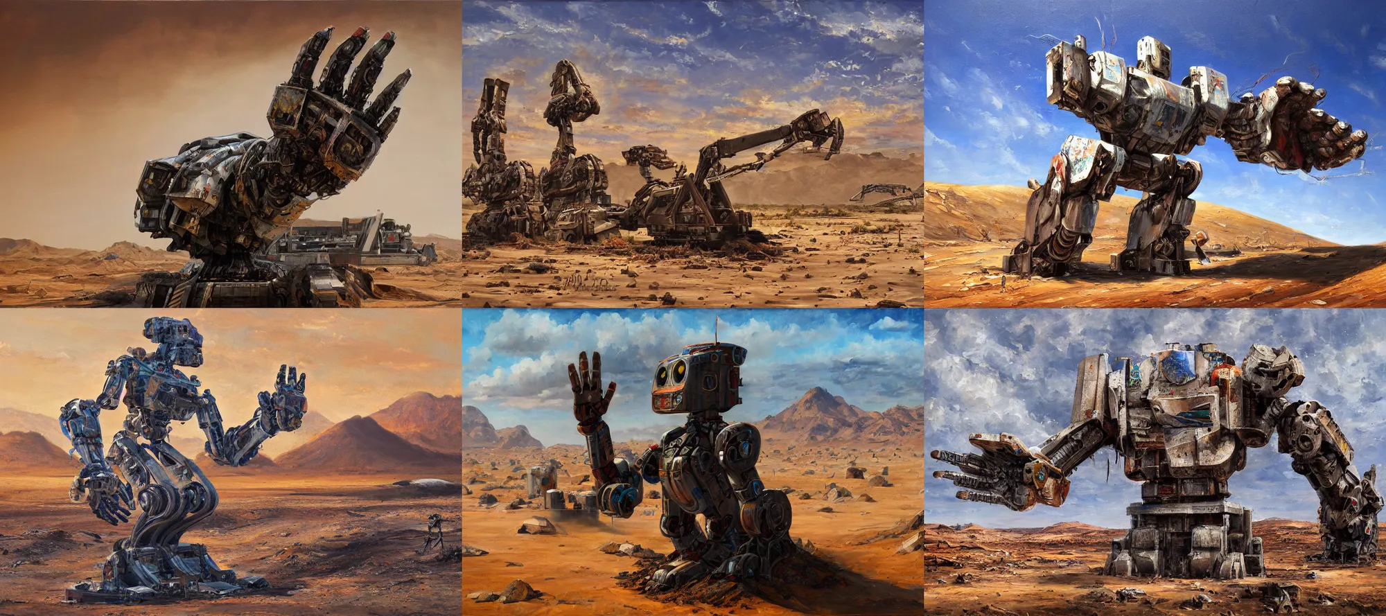 Prompt: a giant robot hand abandoned in the desert, oil painting,, trending on art station, detailed and intricate environment