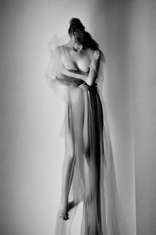 Image similar to emotionnal shot. fragile shy woman with sheer dress with plunging neckline and lace sleeves. award-winning fashion photography. intimate and vulnerable lighting. 130mm bw fashion photography .