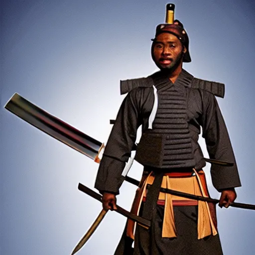 Prompt: African-Asian samurai carrying two swords, wearing a futuristic outfit