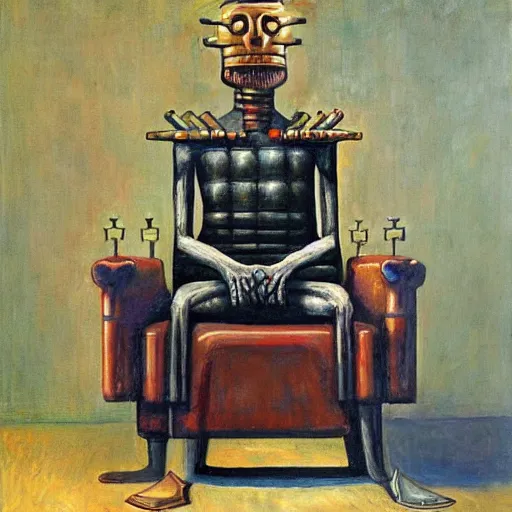 Image similar to weary cyborg king on a throne, dystopian, pj crook, edward hopper, oil on canvas