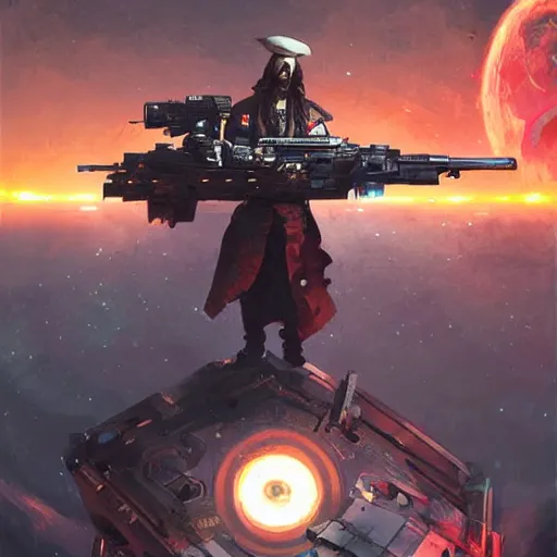 Image similar to a pirate holding a machine gun standing on top of a space ship, art by greg rutkowski