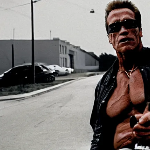 Image similar to A realistic photograph of Arnold Schwarzenegger as terminator riding a skateboard smoking cigar, gloomy, action, ambient lighting,