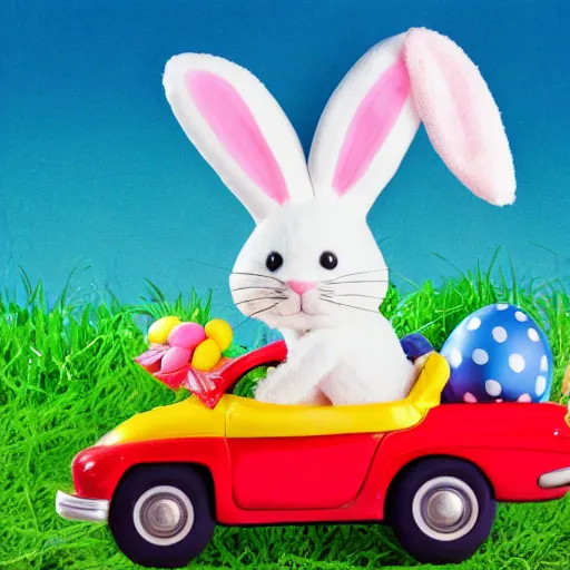 Image similar to easter bunny riding a convertible, studio photo, high quality