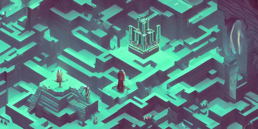 Prompt: isometric portrait of advanced alien, his last moment, mystical, technology meets fantasy, map, infographic, concept art, art station, style of monument valley, giger, wes anderson