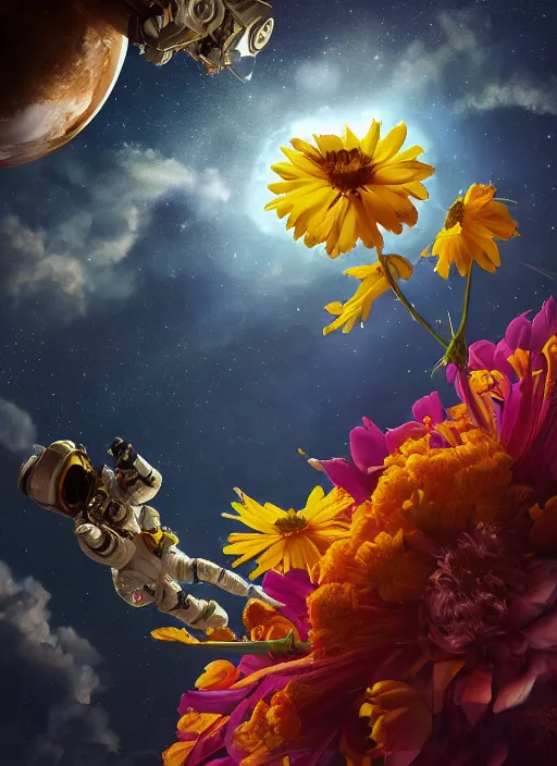 Image similar to An epic fantastic realism comic book style painting of the most beautiful flowers launched into space, bouquets, solar eclipse, fisheye, unreal 5, DAZ, hyperrealistic, octane render, dynamic lighting