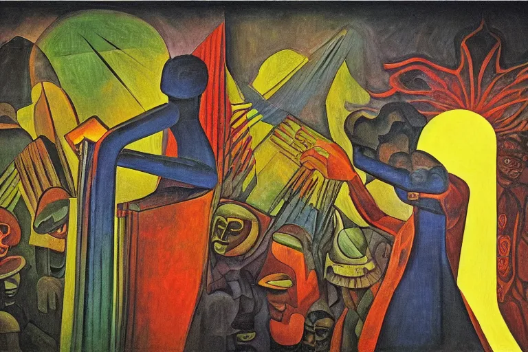 Image similar to the shaman of the subway, an art deco painting by leo and diane dillon and diego rivera, dramatic lighting, god rays, smooth, sharp focus, art brut, outsider art