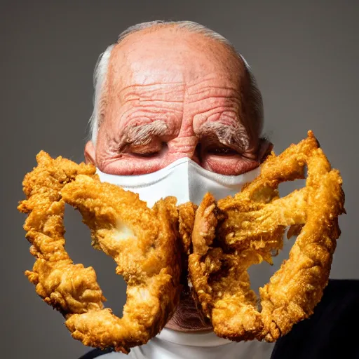 Prompt: an elderly man wearing a mask made from fried chicken, bold natural colors, national geographic photography, masterpiece, 8 k, raw, unedited, symmetrical balance