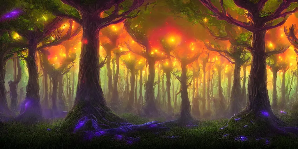Prompt: cinematic artwork, beautiful fantasy bioluminescent mushroom forest at sunset, digital art, trending on artstation, 4k by greg rutowski, masterpiece