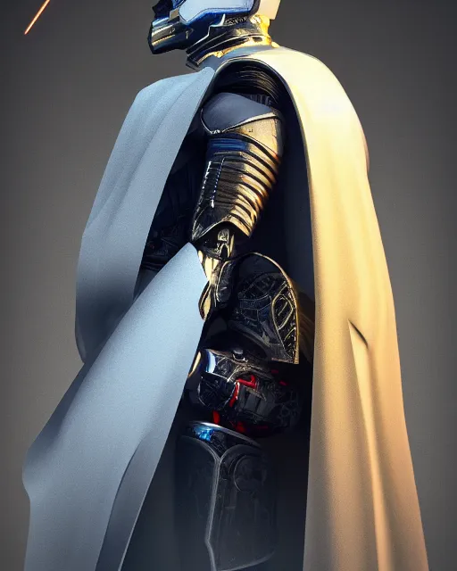 Image similar to detailed portrait of a cyborg, necromancer, benevolent, scifi, futuristic, elegant cape, glow, year 2 1 0 0, destiny 2 style, white, blue, gold, trending on artstation, illuminated, holy machine, advanced technology, art by vitaly bulgarov and nivanh chanthara