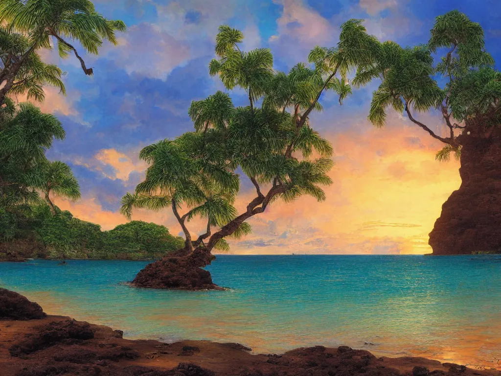 Prompt: Poipu Kauai, Hidden lava rock beach lagoon, Sunlight Study, by Asher Brown Durand and (((((Hans Zatzka))))) and ((((((((Lisa Frank)))))))), Art Nouveau, 8k, concept art, smooth, sharp focus