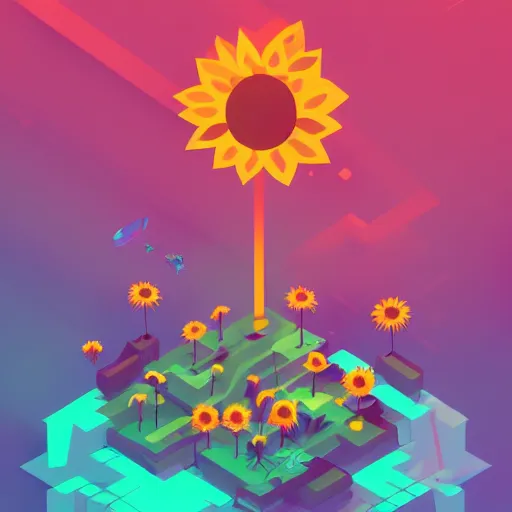 Image similar to beautiful digital sunflower, isometric, by Anton Fadeev and Simon Stalenhag, trending on artstation