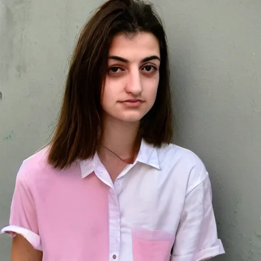 Image similar to 1 9 years old slim straight brown hair gabriella papadakis, neck wrinkles, wearing white jean and pink shirt