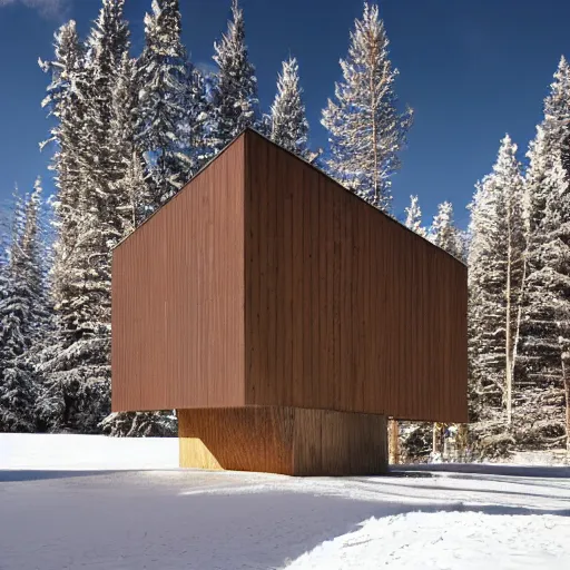 Image similar to winter wooden austere structures inspired by Peter Zumthor