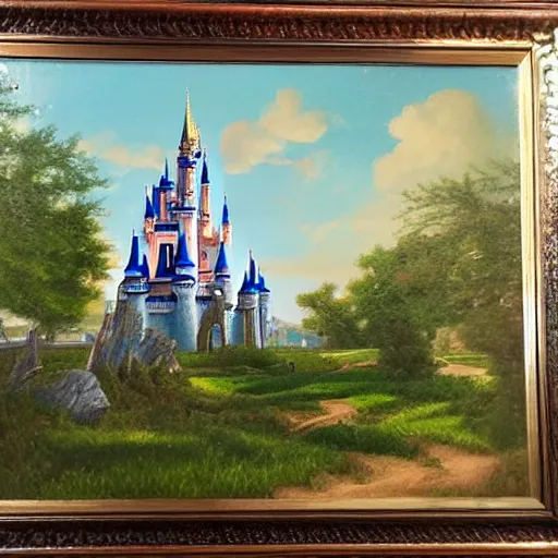 Image similar to Cinderella Castle at Magic Kingdom, beautiful detailed landscape painting in the style of 19th century Hudson River school of Art