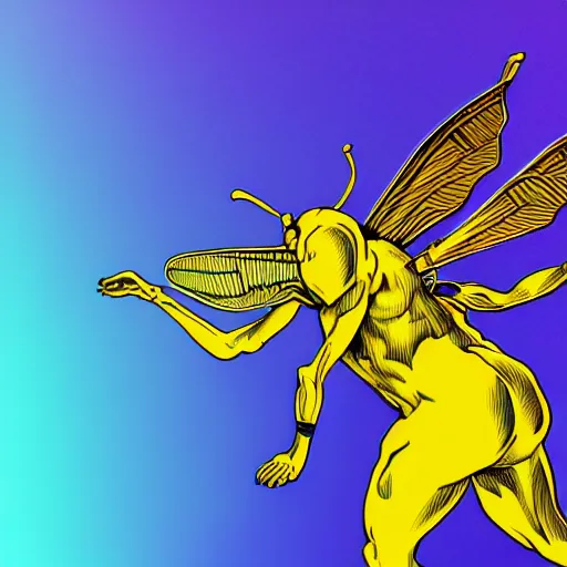 Image similar to human man that resembles a wasp morh in surreal sketch style, blue and yellow gradient, noise, ultrafine detail, hd 8k, logo illustration