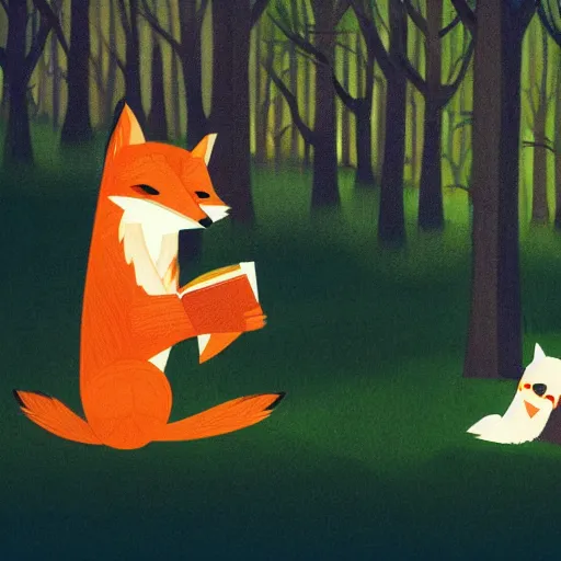 Prompt: a fox is listening to a wise owl that is reading from a book. in a fairytale forest