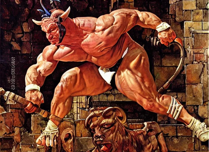 Image similar to full body portrait of dorian yates as the greek minotaur, dynamic action, by norman rockwell and jesper ejsing and tom lovell and frank schoonover