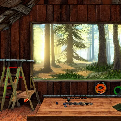 Image similar to Video game background of a carpentry shop in the woods, artistic