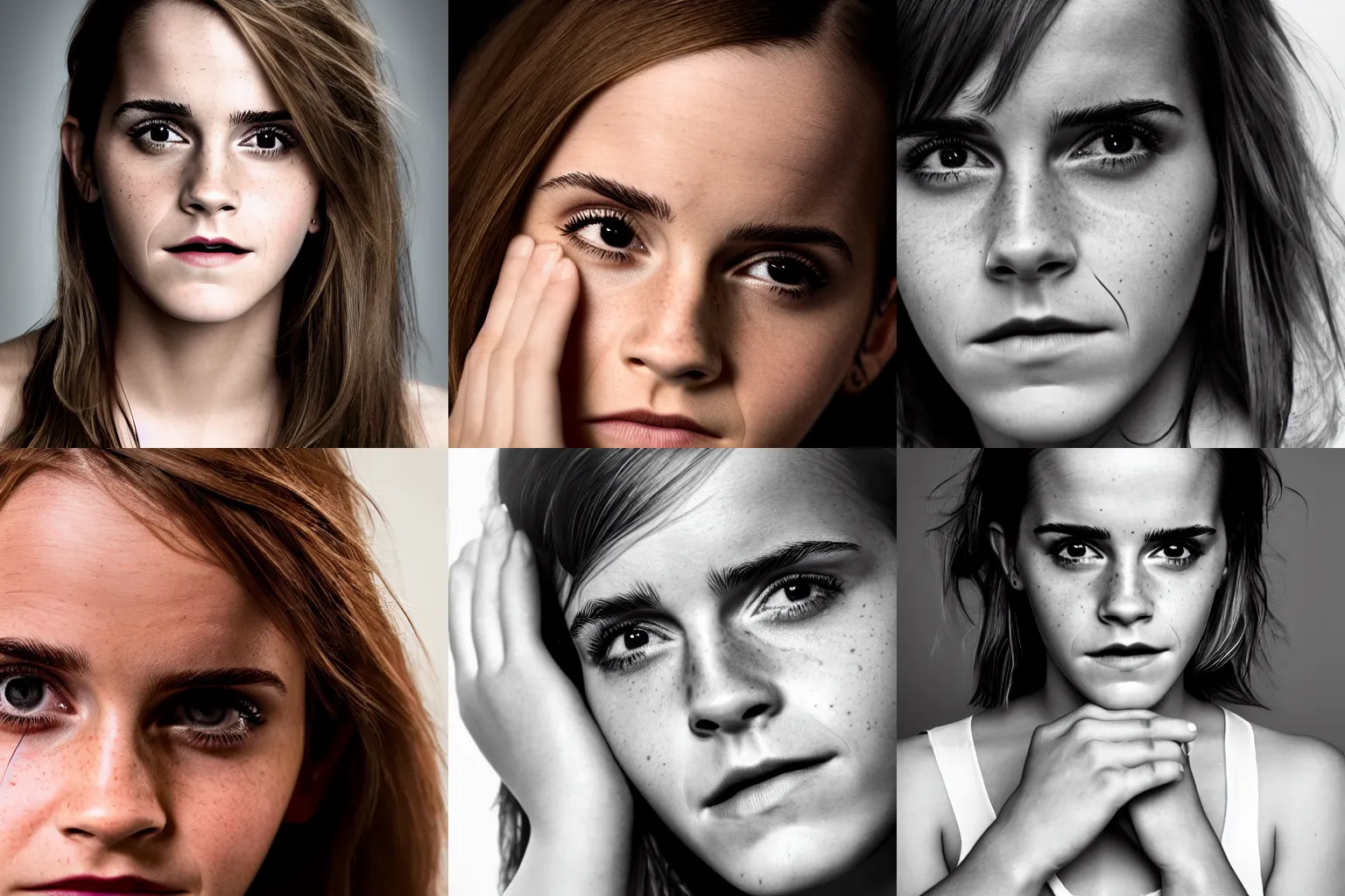 Prompt: Emma Watson, crying, tears, color, headshot, close-up, studio lighting, color photograph, 200mm, canon, f/22