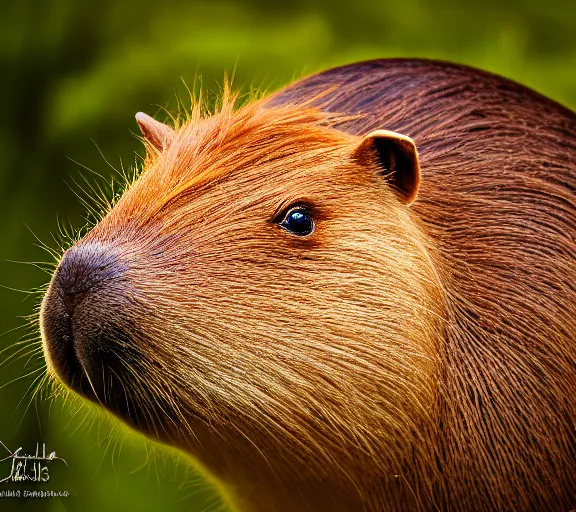 Image similar to a portrait of capybara with a mushroom cap growing on its head by luis royo. intricate. lifelike. soft light. sony a 7 r iv 5 5 mm. cinematic post - processing