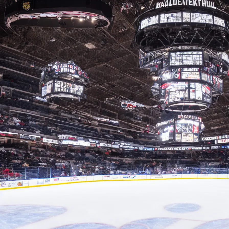 Prompt: dimly lit hockey stadium ice level 4 k photography