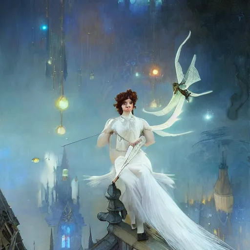 Image similar to hyperrealistic portrait of a woman flying a broom above a bladedrunner city among cats as fireflies wearing white swan dress long feathers and sapphire jewellery by jeremy mann and alphonse mucha, fantasy art, photo realistic, dynamic lighting, artstation, poster, volumetric lighting, very detailed faces, 4 k, award winning