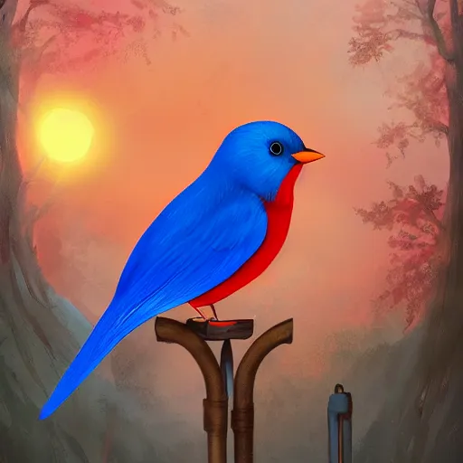 Prompt: a beautiful adorable fantasy whimsical matte digital storybook painting of a blue bird a red bird and a yellow bird on a wire, bright blue sky, autumn, painted by Ross Tran, trending on artstation hq, contest winner