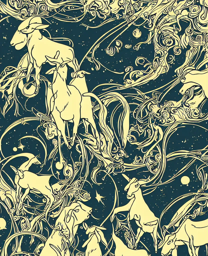 Image similar to goats in space!! art nouveau vector graphic poster!, grunge retro,