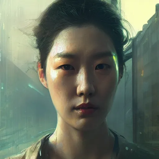 Image similar to kim ji - soo, hyperrealistic portrait, bladerunner street, art of elysium by jeremy mann and alphonse mucha, fantasy art, photo realistic, dynamic lighting, artstation, poster, volumetric lighting, very detailed face, 4 k, award winning